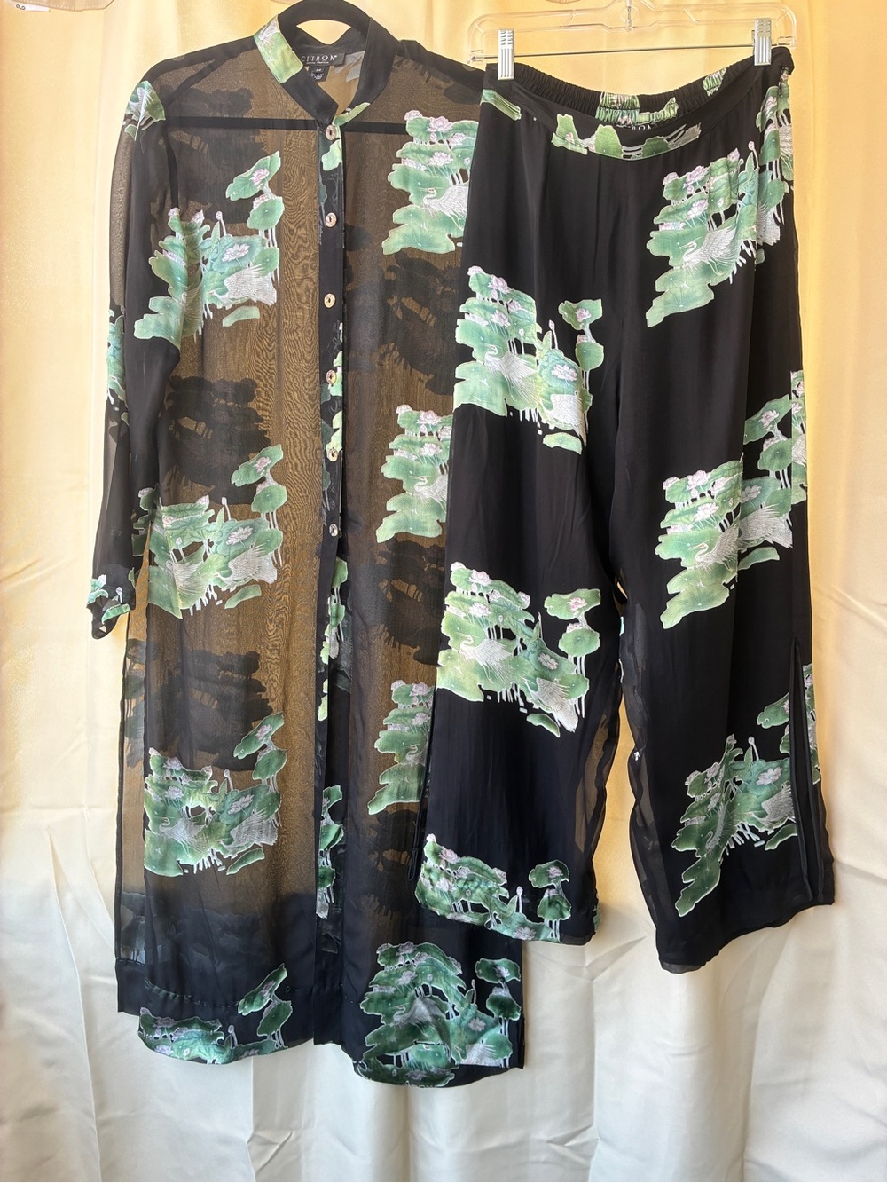 Citron Santa Monica Silk Blend Duster Top & Pants Crane Print Medium - Picture 5 of 16